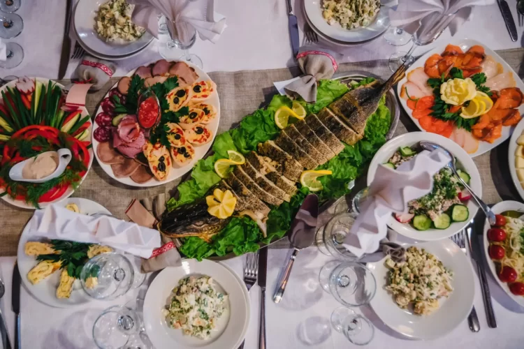 Traditional russian cuisine with baked stuffed pike